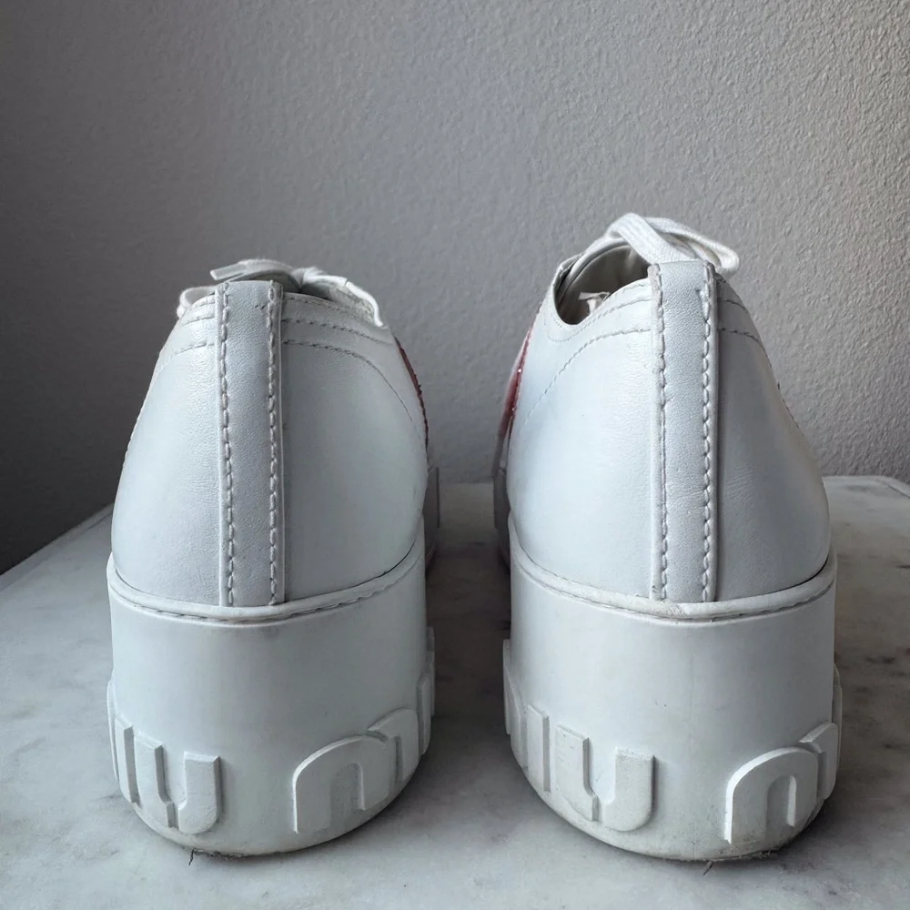 Miu Miu Crystals Glitter‎ White Leather Platform Sneakers Size 10